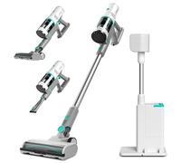 HAUSHOF Aspiradora Escoba sin Cable con Base de Autovaciado | Aspirador Vertical 3 en 1 de 24kPa y 250W con Cepillo en V, Luz LED Verde, Fragancia y Modo Nocturno para Pelo de Mascotas