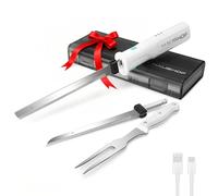 HAUSHOF Cuchillo Eléctrico 8V - Cuchillo de Cocina Inalámbrico, 2 Hojas de Acero Inoxidable, Tenedor Incluido, Apto para Lavavajillas, con Caja de Almacenamiento, Ideal para Carne, Pan, Jamón y Queso