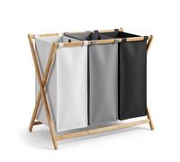 hausleben Cesto para la colada de bambú, 40 L, 3 compartimentos, color negro, gris y blanco, clasificador de ropa plegable con bolsas extraíbles, sistema de clasificación de ropa en forma de X