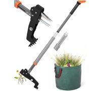 HAUSPROFI Extractor de malas hierbas con mango telescópico (longitud 91 cm - 117 cm) + bolsa de jardín de 50 l, desmalezadora con 4 garras de acero inoxidable, diseño de retorno automático
