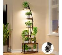 HAUSPROFI Plant Stand with LED Grow Light (Warm White), 7-Tier 165cm Flower Stand, Metal and Wood Plant Shelf with Lockable Wheels, Indoor & Outdoor Flower Rack for Spring and All Seasons, Black