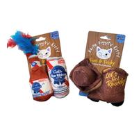 Haute Diggity Kitty Juego de cinta azul para gatos + gatito vaquero, juguetes de peluche para gatos rellenos de sonido crujido interactivo, juguetes seguros y duraderos para gatos y gatitos, 4 piezas