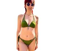 Haute pression Alta presión Bikini triángulo en Verde Oliva, Detalles de Malla, Estilo Halter Alto con Armadura, Medias atadas, Verde, 44
