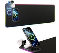 HAUTOCO Alfombrilla de mouse de carga inalámbrica de 15 W RGB para juegos, impermeable, con soporte para teléfono, 35.4 x 11.8 pulgadas, almohadilla de escritorio extra grande, base antideslizante