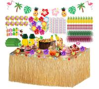 HavaCue - Juego de 200 decoraciones hawaianas para fiestas, falda de mesa de hierba Luau, palillos de dientes de fuegos artificiales, pajitas de papel, flores hawaianas, hojas de palma, piñas 3D para