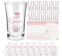 Havawish 50 juegos de vasos de chupito de acrílico transparente para quinceañera, con bolsas de organza, regalos de fiesta de quinceañera para invitados de quinceañera (rosa)