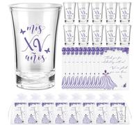 Havawish 50 juegos de vasos de chupito de acrílico transparente para quinceañera, con bolsas de organza, regalos de fiesta de quinceañera para invitados de quinceañera (morado)