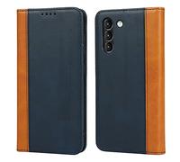 Havaya Funda tipo cartera para Samsung Galaxy S21 FE 5G, cuero sintético a juego con doble color - con tarjetero y soporte para hombres y mujeres - Galaxy S21 FE 5G magnético Flip Folio Credit Cover- azul con amarillo