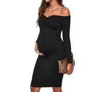 Havejoy Ropa Premama Embarazada Vestido Corto Ajustado Manga Larga Cuello Bardot Sin Hombros Vintage Maternidad Vestido Midi Un Hombro Descubierto para Cóctel Casual Off Shoulder Bodycon Dress