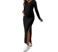 Havejoy Ropa Premama Embarazada Vestido Largo Ajustado Manga Larga Cuello Redondo de Punto Acanalado con Abertura Lateral, Maxi Vestidos de Maternidad para Fotografía Fiesta Cóctel Casual Jumper Dress