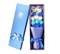 HavenDomicile Jabón rosa flores oso ramo caja decorativa regalo floral para San Valentín aniversario cumpleaños decoración del hogar flor perfumada (azul)