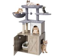 Caja de arena para gatos con árbol para gatos, casa de madera todo en uno para gatos con torre y condominio, muebles ocultos de baño para gatos con poste rascador, hamacas, plataforma múltiple, percha