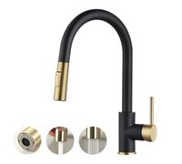 Havin Grifo de cocina dorado y negro con pulverizador extraíble, material de acero inoxidable de arco alto, con cartucho de cerámica cUPC, sin placa de cubierta, apto para fregadero de cocina de 1