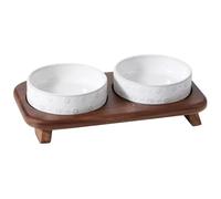 Havniva Juego de cuencos dobles elevados para gatos de 6.1 pulgadas con soporte de madera de acacia, cuencos anchos de cerámica aptos para alimentos y agua para gatos, cachorros, gatitos, cuencos para