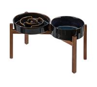 Havniva Juego de cuencos elevados de cerámica para perros de 1.6 tazas, cuenco elevado de 7.3 pulgadas y plato de 8.2 pulgadas con soporte de madera de acacia para perros medianos y grandes (cielo