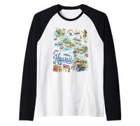 Hawái, HI, USA Pacífico Mapa Iconos Camiseta Manga Raglan