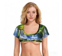 Hawaii - Camiseta corta sexy con diseño de flores rosas para mujer, corte bajo, cuello en U, manga corta, Plantas tropicales verdes y cascada, Altoa única