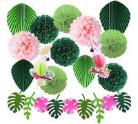 Hawaii Decoración Partido Conjunto, Decoración Verano Fiesta Jardin, 8 Pompones Decora, 4 Hojas Forma Abanico, 2 loro Bola Nido Abeja, 1 Bandera Hojas, para Decora Cumpleaños Tela Verano Selva
