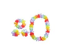 Hawaiian 4pc Flor Set Fiesta Playa Lei + Muñeca Puños + Diadema para Disfraz