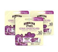 Hawaiian Tropic Bálsamo Labial SPF 30 - Protección Solar UVA/UVB, Sabor Tropical, Hidratación 12 Horas, Resistente al Agua, 4g (Paquete de 3)