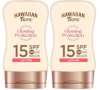 Hawaiian Tropic Glowing Protection MINI Ultra Radiance - Loción Solar Protectora SPF 15, Protege y Suaviza la Piel, Fragancia Frutas Tropicales, Tamaño Viaje 100 ml (Pack x2)