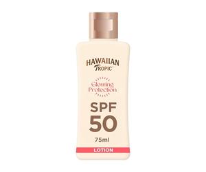 Hawaiian Tropic Glowing Protection MINI Ultra Radiance - Loción Solar Protectora SPF 50, Protege la Piel, Fragancia de Frutas Tropicales, Crema Tamaño Viaje 75 ml (Individual)