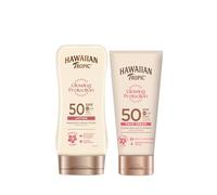 Hawaiian Tropic Glowing Protection Ultra Radiance - Loción Solar Protectora SPF 50, Protege la Piel, Fragancia de Frutas Tropicales180 ml (Individual) + Glowing Protection Facial SPF 50 (50 ml)