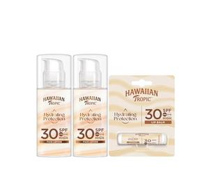 Hawaiian Tropic Hydration Protection Face SPF 30 - Loción Solar Protectora para el Rostro Ultra Ligera, Crema Hidratante Facial con Protección (Paquete de 2) + Lip Balm SPF 30 Protector Solar