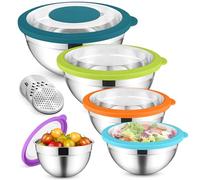 HaWare Juego de 5 cuencos para mezclar, de acero inoxidable, con tapa hermética transparente y 3 ralladores para cocinar, hornear, 4,5 L, 2,8 L, 1,5 L, 1,2 L, 0,7 L, apto para lavavajillas, multicolor