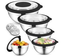 HaWare Juego de 5 cuencos para mezclar, de acero inoxidable, con tapa hermética transparente y 3 ralladores para cocinar, hornear, 4,5 L, 2,8 L, 1,5 L, 1,2 L, 0,7 L, apto para lavavajillas, color
