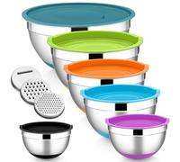 HaWare Juego de 6 cuencos para mezclar, de acero inoxidable, con tapa hermética y 3 accesorios ralladores, 4,6 l, 2,8 l, 2,5 l, 1,6 l, 1,2 l, 0,7 l, base de silicona antideslizante y apto para