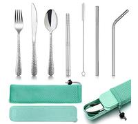 HaWare Juego de cubiertos para camping, 9 piezas, cubiertos de acero inoxidable para exteriores, cubiertos portátiles para senderismo, juego con cuchillo, tenedor, cuchara, palillos, pajitas de