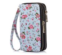 HAWEE Cartera para teléfono celular para mujer, doble cremallera, bolso largo con muñeca extraíble, Flor rosa, 6.9*3.5*1.9 inch, Utilidad