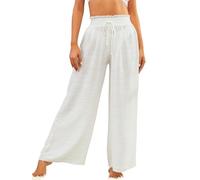 HAWILAND Pantalones anchos para mujer, transparentes, con bolsa de papel, pantalones de lino para verano, cintura alta, bikini cubierto, pantalones de playa, Blanco, XS