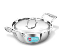 Hawkins Pro PSK25S - Sartén de acero inoxidable triple Kadhai de 2,5 litros con asas de acero inoxidable y tapa de acero inoxidable, color plateado