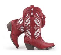 Hawkwell Botas Vaqueras para Mujer con Bordados - Tobillo Medio, Punta Afilada, Tacón Cuadrado Grueso y Estilo Slip-On Clásico, PU rojo, UE 39