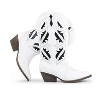 Hawkwell Botas Vaqueras para Mujer con Bordados - Tobillo Medio, Punta Afilada, Tacón Cuadrado Grueso y Estilo Slip-On Clásico, PU blanco, UE 38