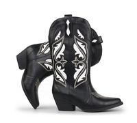Hawkwell Botas Vaqueras para Mujer con Bordados - Tobillo Medio, Punta Afilada, Tacón Cuadrado Grueso y Estilo Slip-On Clásico, PU negro, UE 38.5