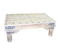 Hayed - Mesa de salón marroquí de madera maciza (120 cm, madera maciza decorada con metal, para tu salón, mesa de sofá oriental, mesa de madera maciza, color blanco desgastado)