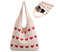HAYGEM Bolsos Tejidos Crochet Diseño con Corazones, Corazón Rojo Häkeltasche Damen, Bolsos de Verano Mujer Color Albaricoque, Ideal para Adolescentes y Chicas para el Trabajo, las Vacaciones