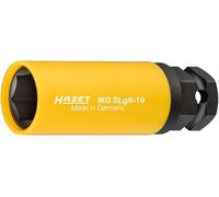 HAZET Llave de vaso de impacto 903SLG6-19, 1/2 pulgadas cuadrada, SW 19 mm, 24 mm, hexagonal exterior, perfil de tracción, funda de plástico amarillo, protección de llantas, accionamiento a máquina