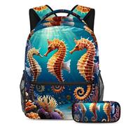 Hazte notar con nuestro juego de mochila y estuche, el mejor combo de mochila escolar para niños, niñas y adolescentes, bonito caballito de mar, multicolor, B:29.4x20x40cm P:19x7.5x3.8cm, Mochilas de