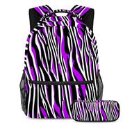 Hazte notar con nuestro juego de mochila y estuche, el mejor combo de mochila escolar para niños, niñas y adolescentes, rayas moradas de cebra, multicolor, B:29.4x20x40cm P:19x7.5x3.8cm, Mochilas de