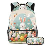 Hazte notar con nuestro juego de mochila y estuche, el mejor combo de mochila escolar para niños, niñas y adolescentes, huevo de conejo de Pascua blanco, multicolor, B:29.4x20x40cm P:19x7.5x3.8cm,