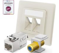 hb-digital 1 caja de conexiones LAN con módulo Keystone RJ45 CAT 6a y chapado en oro, conector F Keystone F hembra, adaptador de soporte Keystone, blanco puro