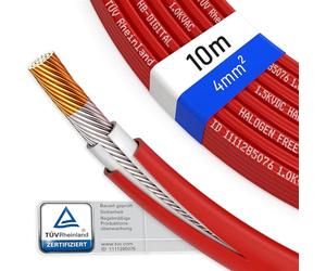 hb-digital 10m Cable solar 4 mm2 certificado TÜV Rheinland H1Z2Z2-resistente a los rayos UV flexible, cobre puro 1500 V cable de extensión fotovoltaico para panel solar inversor rojo