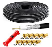 HB-DIGITAL 30m de Cable coaxial Sat HQ-135dB Pro Incl. Pelacables + 10 Clavijas F Doradas | Cable de Antena satelital 4 Veces apantallado | para Sistemas de Radio DVB-S/S2 DVB-C/C2 DVB-T/T2 Dab+ BK