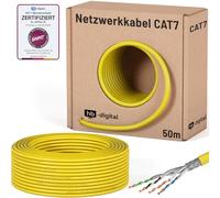 HB-DIGITAL 50m Cable de red CAT 7 LAN, cable de instalación Ethernet, 10 Gbit/s, AWG23/1 S/FTP PiMF, certificado GHMT, cobre puro 0,55 mm, LSZH CPR Eca, Simplex, amarillo