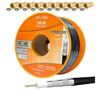 hb-digital Juego: 25m cable SAT 135db negro+10x enchufe F chapado en oro | CCS (acero-cobre) Cable de antena satélite 5 veces apantallado para sistemas DVB-S/S2 DVB-C/C2 DVB-T/T2 DAB+Radio BK