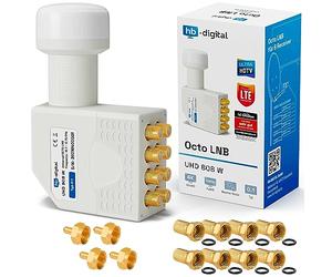 hb-digital Octo LNB (test muy bueno *) LNC cabeza para 8 participantes Directo LTE Protected Satellite Sat Full HD TV 3D 4K UHD chapado en oro protección contra la intemperie blanco + 8 conectores F y